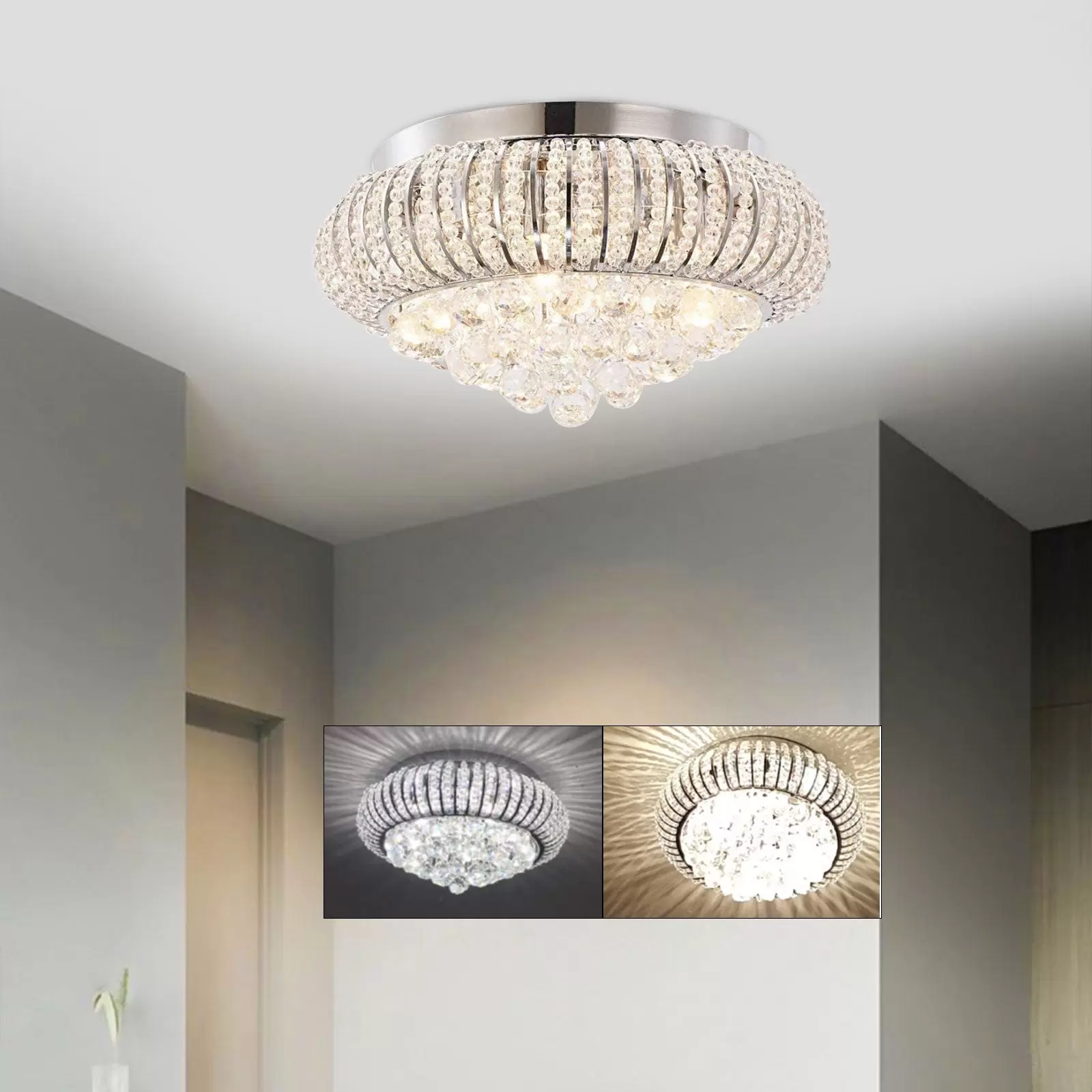 Lámpara de techo LED de cristal, 3 colores de luz, alta reproducción cromática con mando a distancia