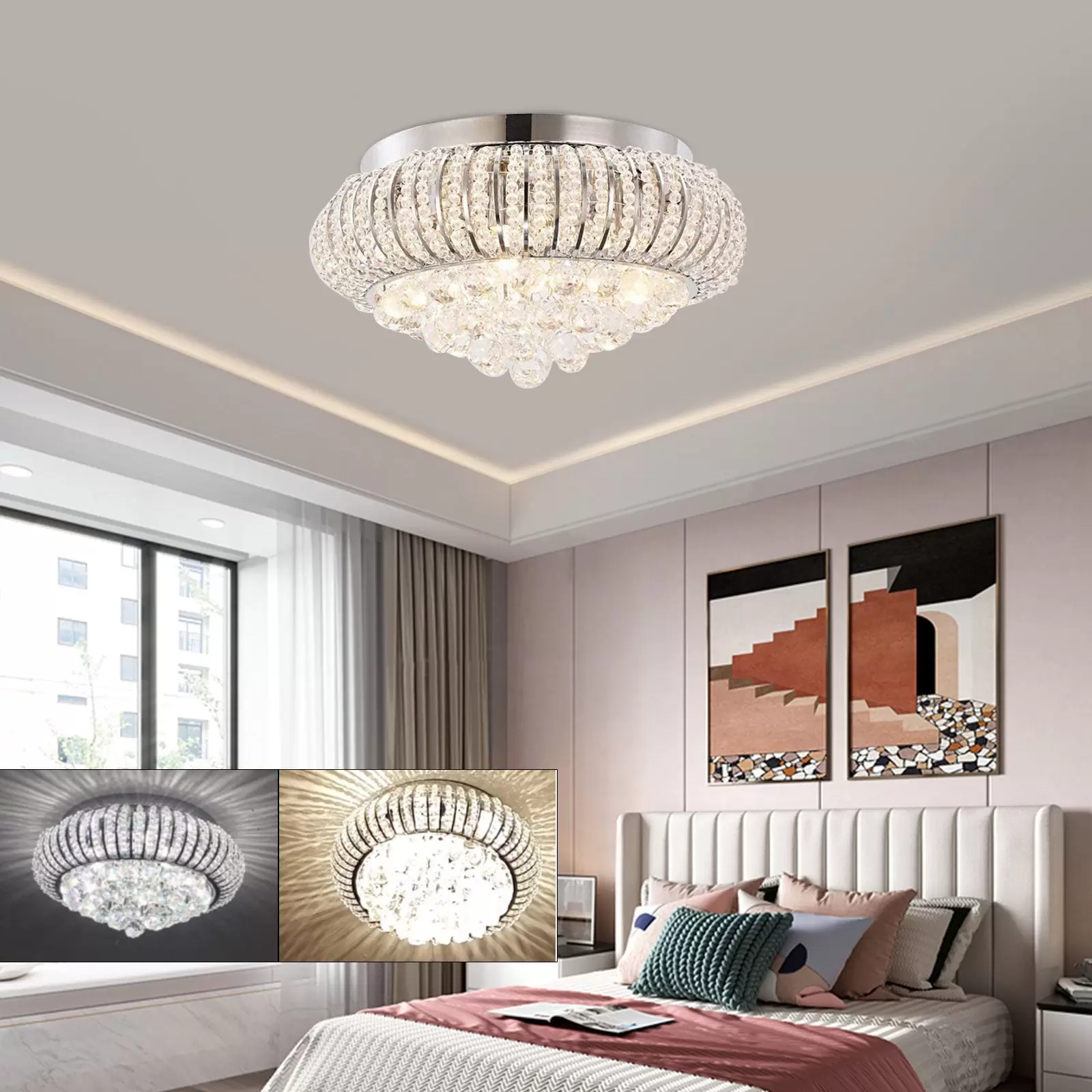 Lámpara de techo LED de cristal, 3 colores de luz, alta reproducción cromática con mando a distancia