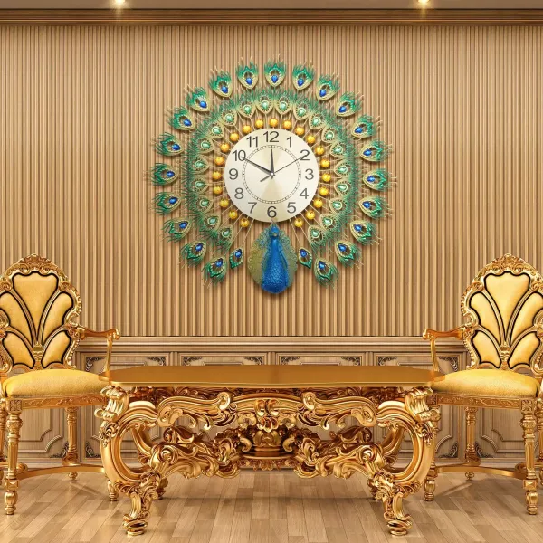 60 x 60 cm Reloj de pared colorido pavo real Reloj de metal Decoración de pared europea Adecuado para salón, dormitorio o regalos