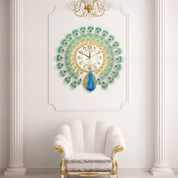 60 x 60 cm Reloj de pared colorido pavo real Reloj de metal Decoración de pared europea Adecuado para salón, dormitorio o regalos