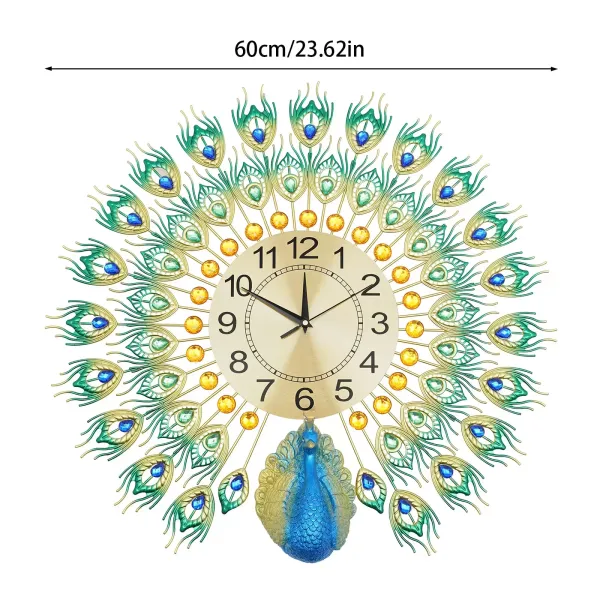 60 x 60 cm Reloj de pared colorido pavo real Reloj de metal Decoración de pared europea Adecuado para salón, dormitorio o regalos