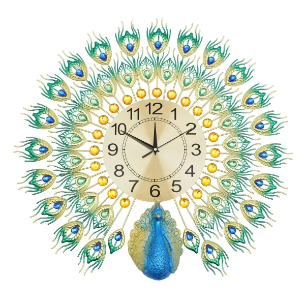 60 x 60 cm Reloj de pared colorido pavo real Reloj de metal Decoración de pared europea Adecuado para salón, dormitorio o regalos