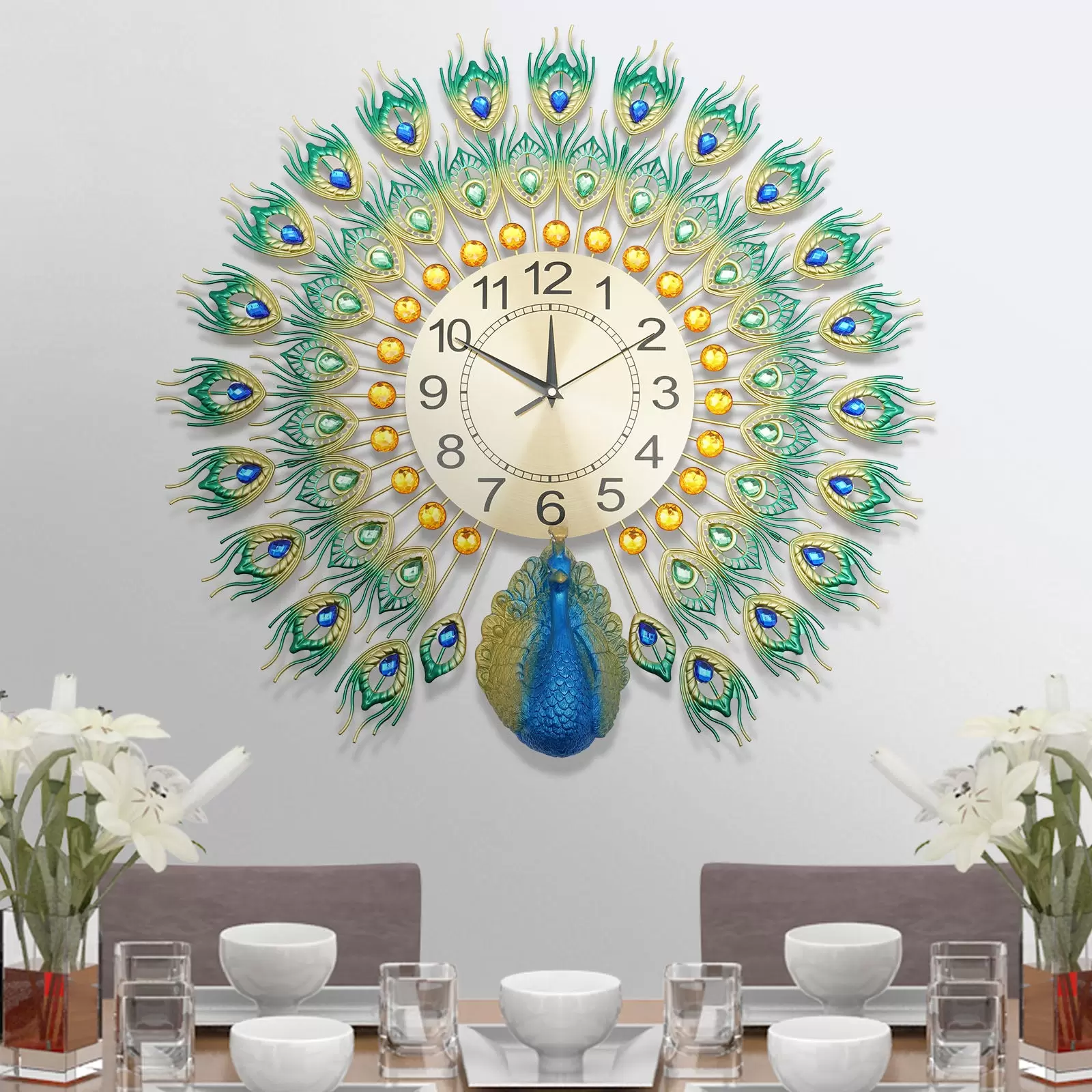 60 x 60 cm Reloj de pared colorido pavo real Reloj de metal Decoración de pared europea Adecuado para salón, dormitorio o regalos