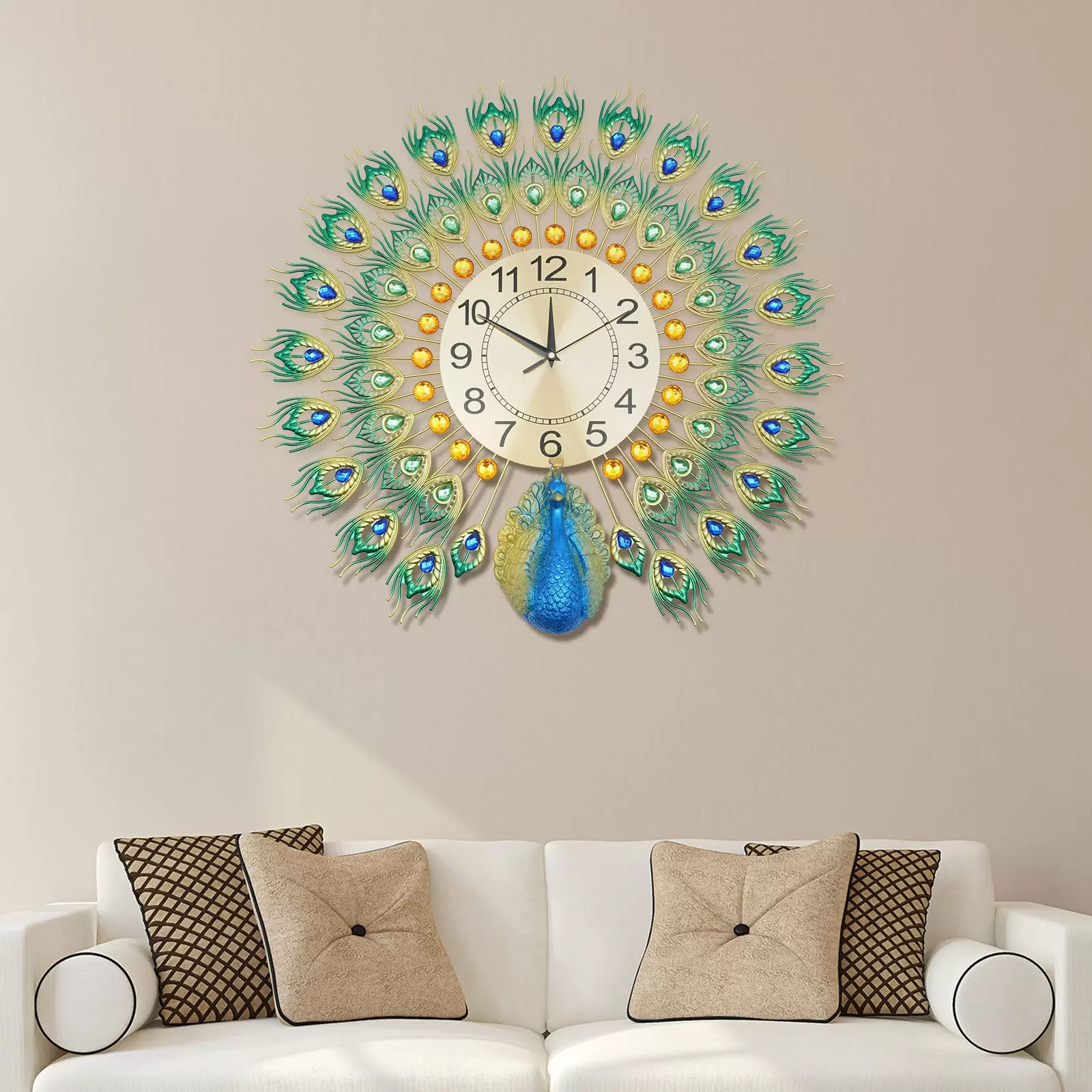 60 x 60 cm Reloj de pared colorido pavo real Reloj de metal Decoración de pared europea Adecuado para salón, dormitorio o regalos