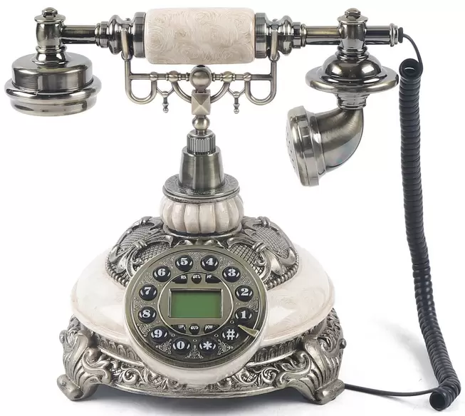 CNCEST Teléfono fijo retro antiguo, decoración para casa, oficina, tamaño del paquete: aprox. 20 x 20 x 26 cm (blanco + cobre claro)
