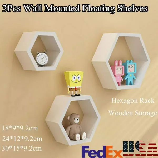Juego de 3 estantes de pared hexagonales, 3 tamaños, de madera, color blanco