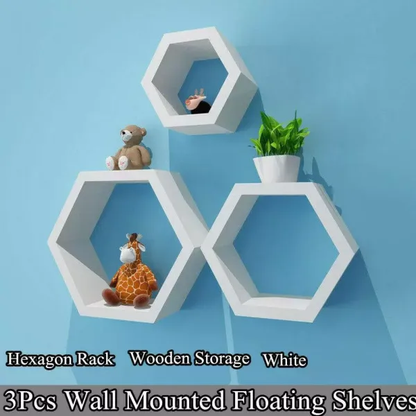 Juego de 3 estantes de pared hexagonales, 3 tamaños, de madera, color blanco