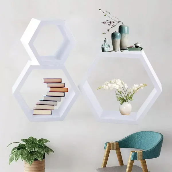 Juego de 3 estantes de pared hexagonales, 3 tamaños, de madera, color blanco
