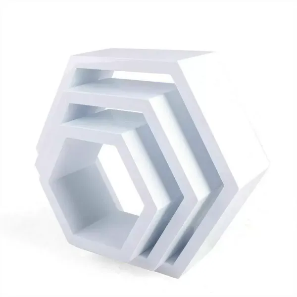 Juego de 3 estantes de pared hexagonales, 3 tamaños, de madera, color blanco