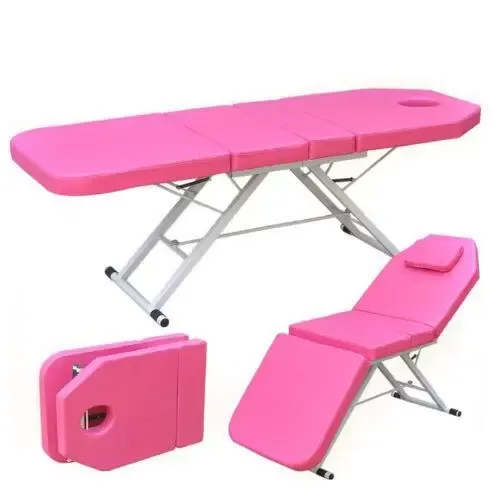 Camilla de masaje, plegable, altura regulable, con agujero facial, 3 secciones, 182 x 60 x 60 cm, de PVC, para salón de spa (rosa)