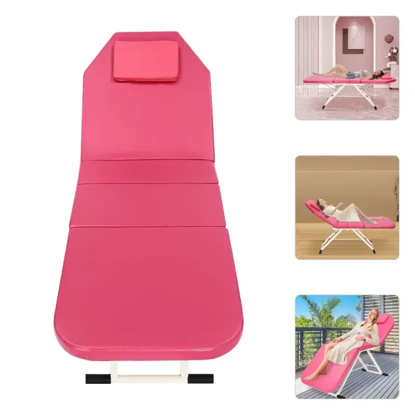 Camilla de masaje, plegable, altura regulable, con agujero facial, 3 secciones, 182 x 60 x 60 cm, de PVC, para salón de spa (rosa)