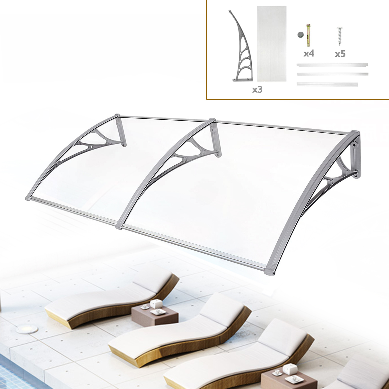 Toldo para puerta de porche de 240x80 cm, cubierta para lluvia, techo transparente