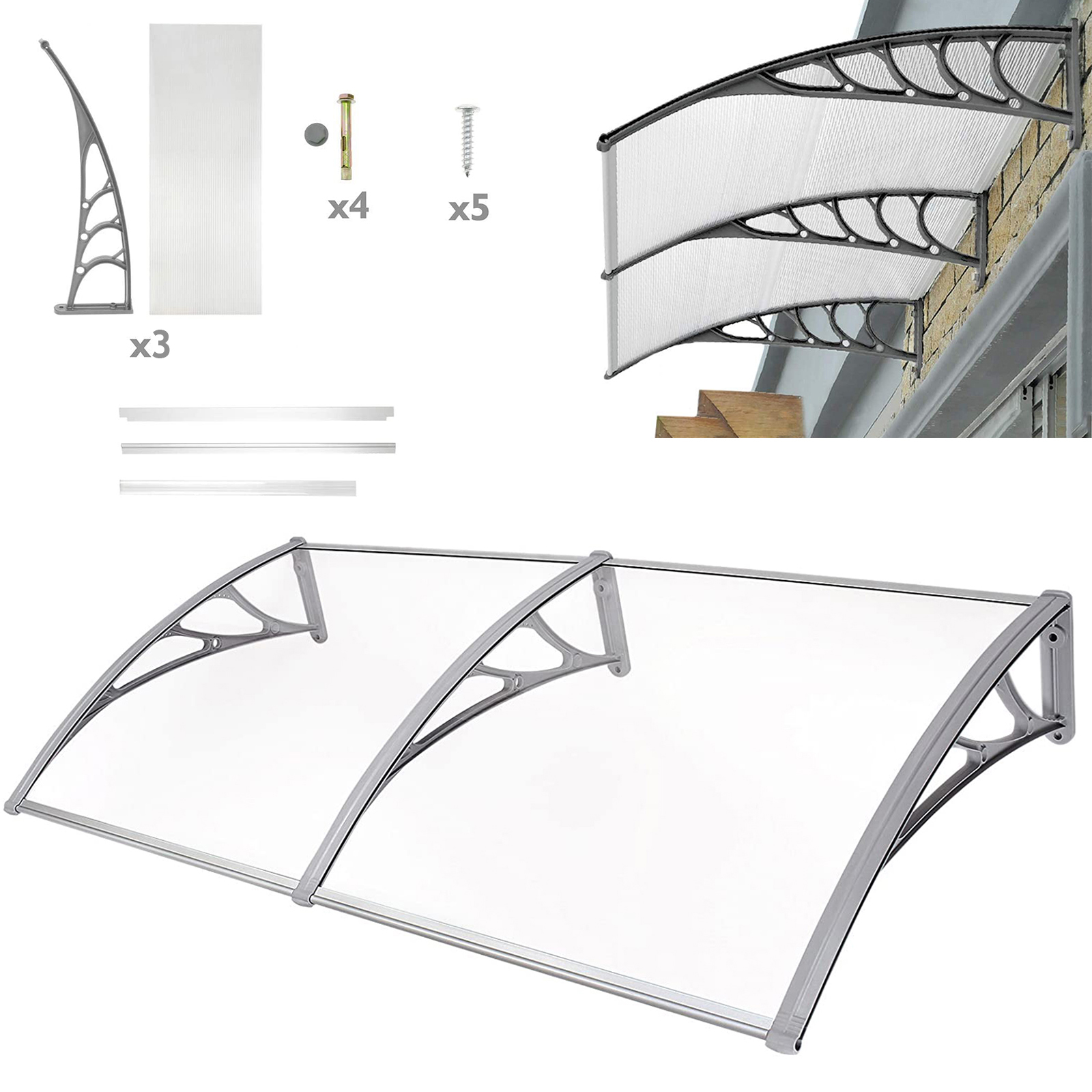 Toldo para puerta de porche de 240x80 cm, cubierta para lluvia, techo transparente