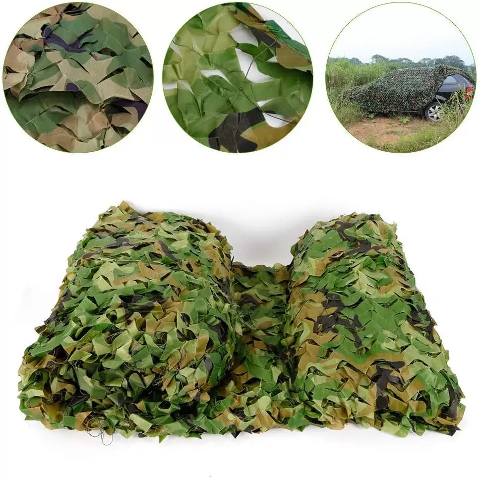 Fácil de transportar: debido a su peso liviano (7,9 libras) y diseño plegable, la red de camuflaje se puede transportar fácilmente a cualquier lugar, ahorrando tiempo y esfuerzo.  Diseño duradero: diseñada con poliéster Oxford 210D de alta calidad, la red es resistente al desgaste, resistente al desgarro, impermeable y de secado rápido, adecuada para varias estaciones. Además, se puede utilizar en interiores durante 3 años sin decolorarse.  Cobertura efectiva: utilizando el color del bosque y el diseño de red de simulación, la red es realista. Se procesa para eliminar el brillo o el resplandor, lo que puede mejorar la ocultación de personas o cosas en entornos complejos.