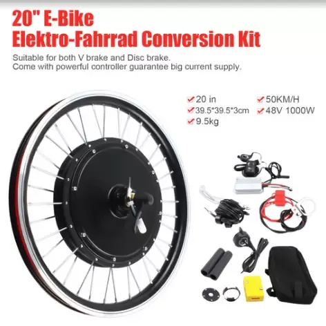 Kit de rueda delantera para bicicleta eléctrica de 20 pulgadas, 48 V, 1000 W, motor sin dientes, motor de buje para rueda delantera