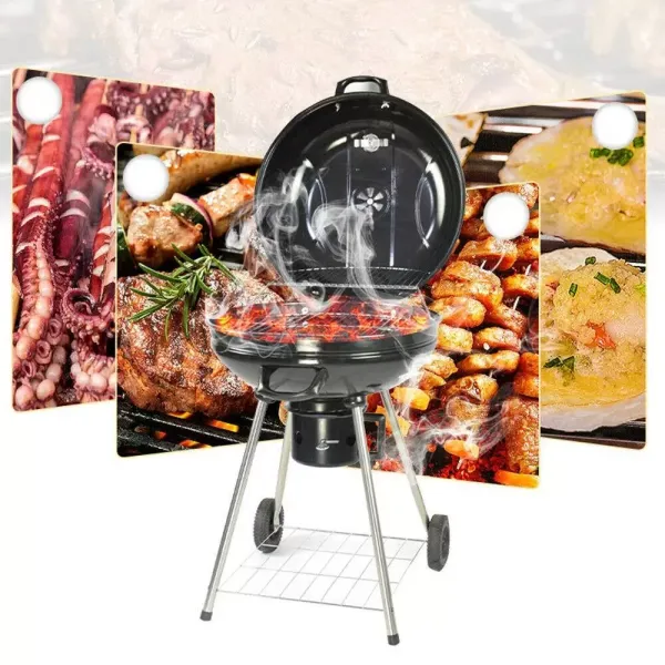 Barbacoa de carbón vegetal con tapa, 58 cm, para picnic, jardín, redonda, con ruedas, con ruedas