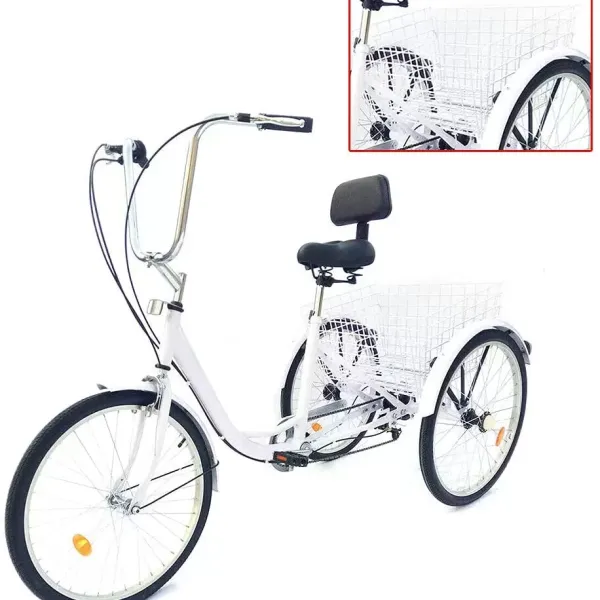 Triciclo para adultos de 24 pulgadas con cesta de la compra y respaldo, 6 velocidades con guardabarros