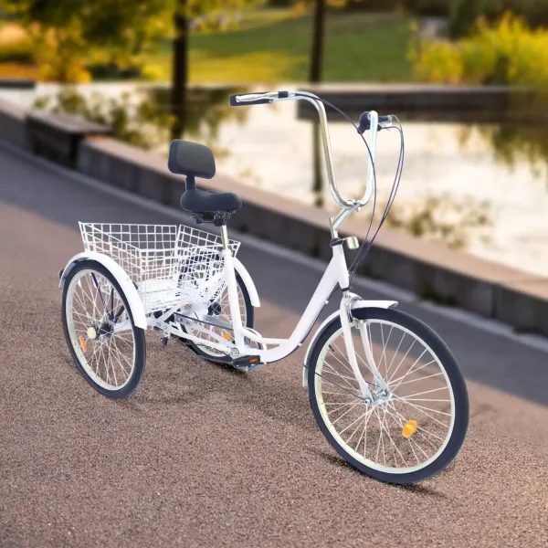 Triciclo para adultos de 24 pulgadas con cesta de la compra y respaldo, 6 velocidades con guardabarros