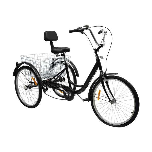 Triciclo para adultos de 24 pulgadas, 3 ruedas, 6 velocidades, bicicleta con cesta, color negro