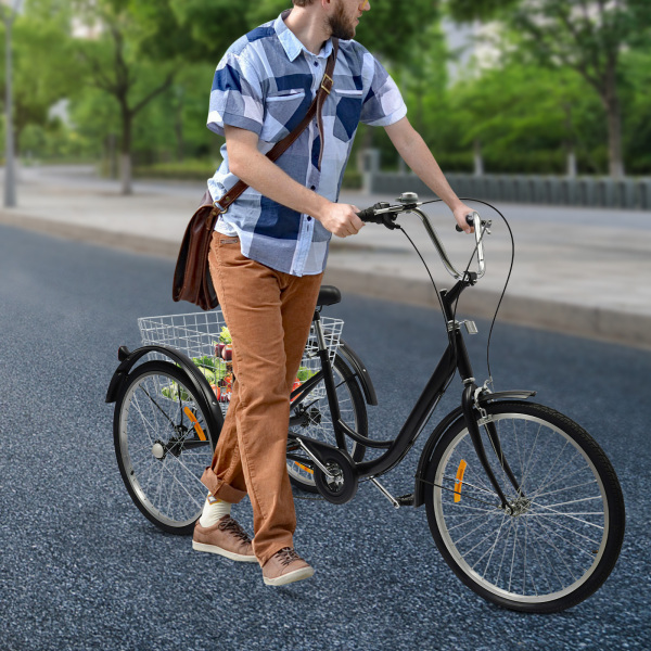 Triciclo para adultos de 24 pulgadas, 3 ruedas, 6 velocidades, bicicleta con cesta, color negro Triciclo para adultos de 24 pulgadas, 3 ruedas, 6 velocidades, bicicleta con cesta, color negro