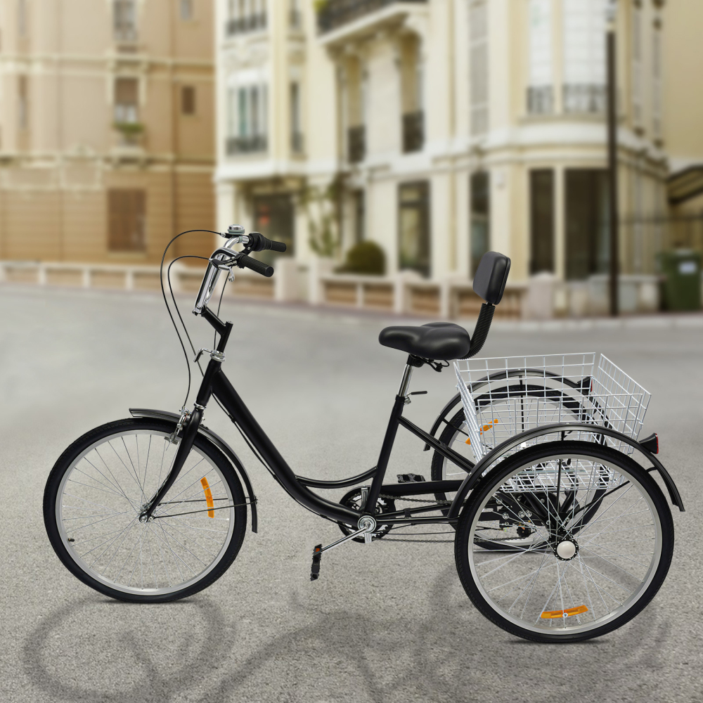 Triciclo para adultos de 24 pulgadas, 3 ruedas, 6 velocidades, bicicleta con cesta, color negro