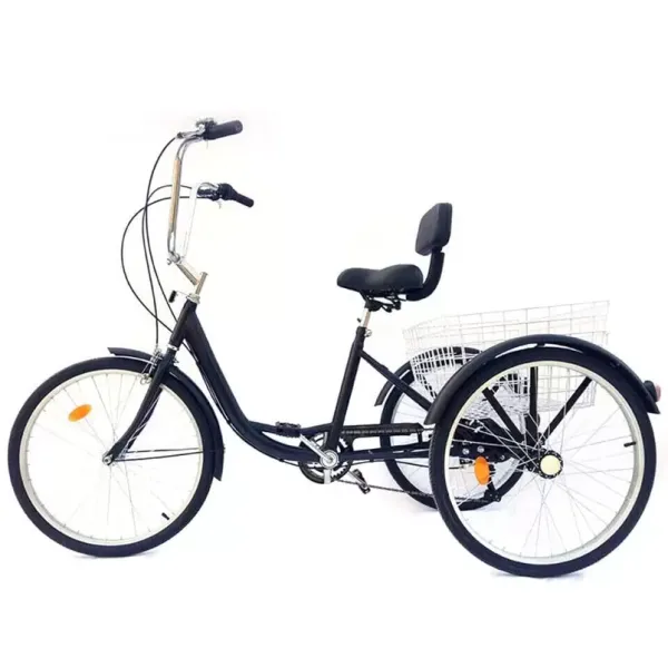 Triciclo para adultos de 24 pulgadas, 3 ruedas, 6 velocidades, bicicleta con cesta, color negro