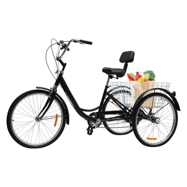 Triciclo para adultos de 24 pulgadas, 3 ruedas, 6 velocidades, bicicleta con cesta, color negro
