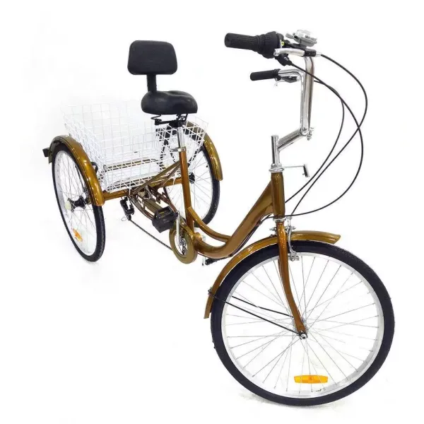 Triciclo para adultos - 24 pulgadas, 3 ruedas, 6 velocidades, con cesta de la compra Pedal Bicicleta de ciclismo para deporte(Oro)