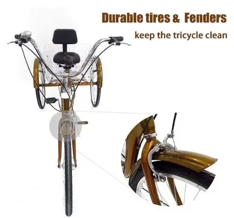 Triciclo para adultos - 24 pulgadas, 3 ruedas, 6 velocidades, con cesta de la compra Pedal Bicicleta de ciclismo para deporte(Oro)