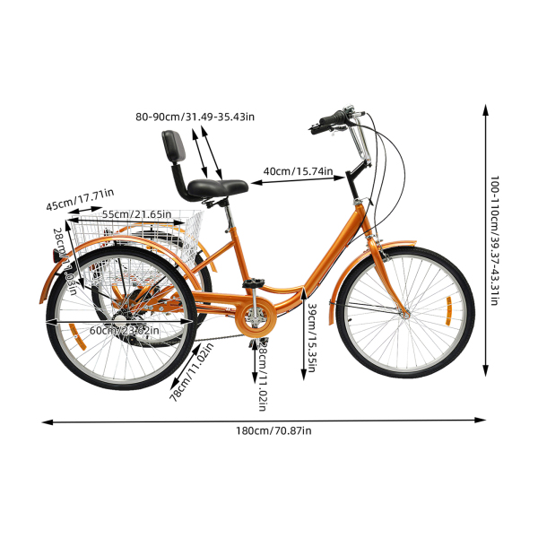 Triciclo para adultos de 24 pulgadas, altura ajustable con cojines, 6 velocidades, color amarillo