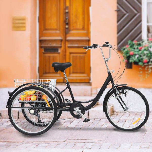 24" 6 Velocidades de 3 Ruedas Bicicleta para Adultos Bicicleta de Crucero Bicicleta Híbrida Triciclo Trike Triciclo en Bicicleta con Cesta y Lámpara