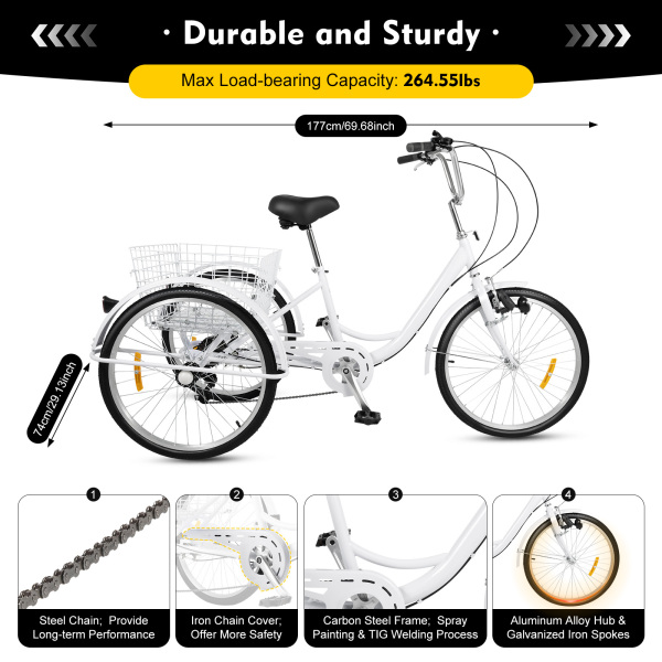 CNCEST Triciclo para adultos de 24 pulgadas, Bicicleta para Picnic con Cesta de la Compra, 6 velocidades, para mayores, capacidad de carga de 110 kg