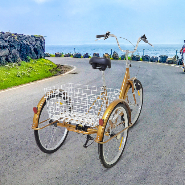 Triciclo para adultos de 3 ruedas de 24 pulgadas , 6 velocidades, Ciclismo triciclo con luz y cesta para deportes al aire libre (Oro) Triciclo para adultos de 3 ruedas de 24 pulgadas , 6 velocidades, Ciclismo triciclo con luz y cesta para deportes al aire libre (Oro)