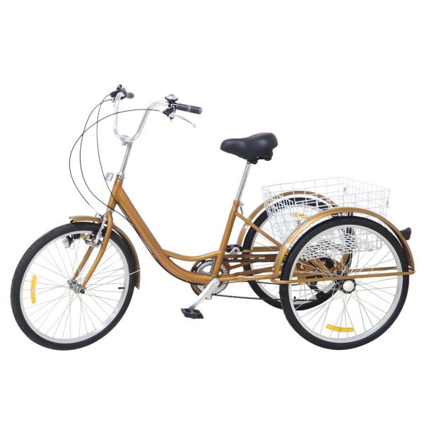 Triciclo para adultos de 3 ruedas de 24 pulgadas , 6 velocidades, Ciclismo triciclo con luz y cesta para deportes al aire libre (Oro) Triciclo para adultos de 3 ruedas de 24 pulgadas , 6 velocidades, Ciclismo triciclo con luz y cesta para deportes al aire libre (Oro)