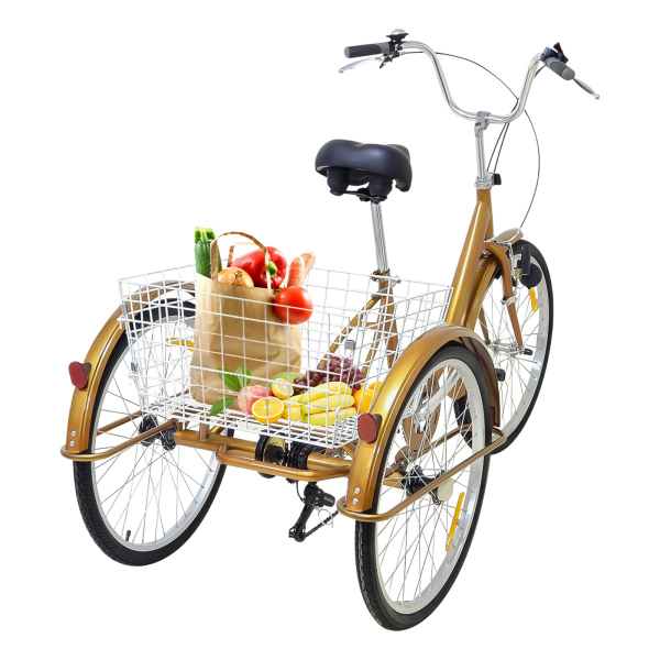 Triciclo para adultos de 3 ruedas de 24 pulgadas , 6 velocidades, Ciclismo triciclo con luz y cesta para deportes al aire libre (Oro)