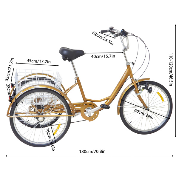 Triciclo para adultos de 3 ruedas de 24 pulgadas , 6 velocidades, Ciclismo triciclo con luz y cesta para deportes al aire libre (Oro)