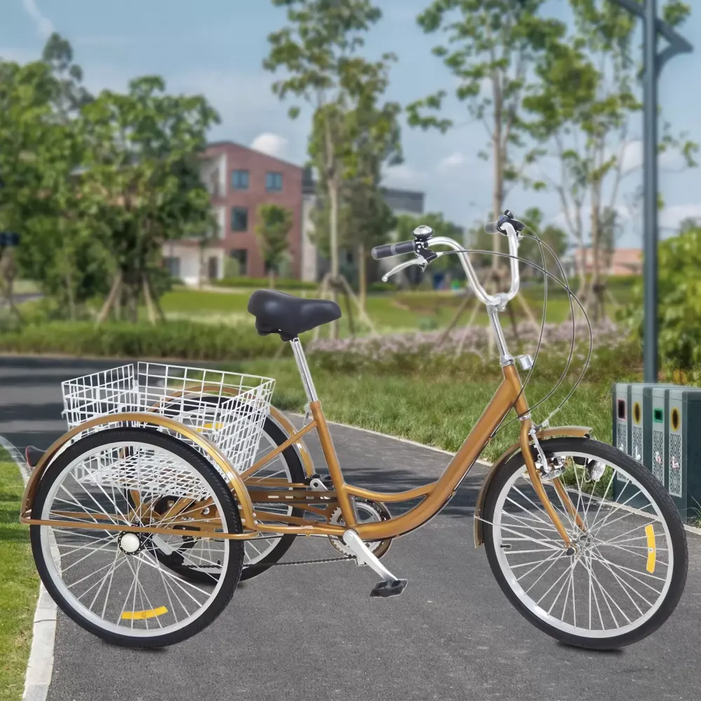 Triciclo para adultos de 3 ruedas de 24 pulgadas , 6 velocidades, Ciclismo triciclo con luz y cesta para deportes al aire libre (Oro)