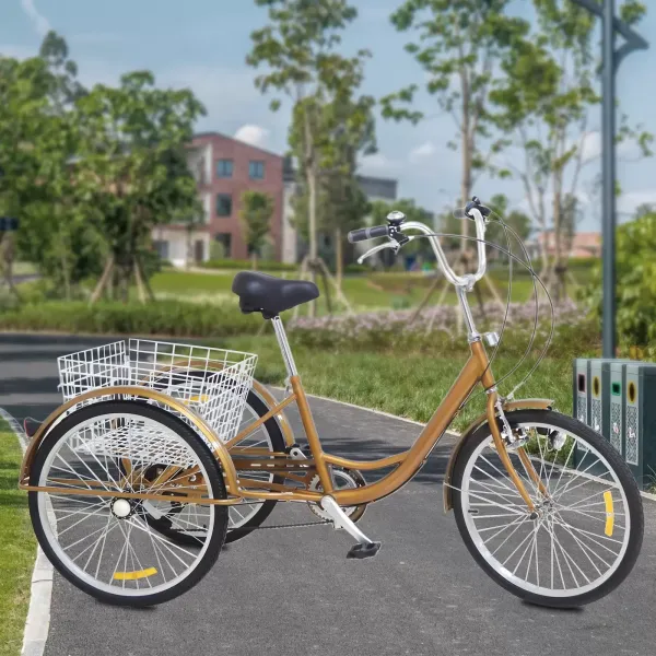 Triciclo para adultos de 3 ruedas de 24 pulgadas , 6 velocidades, Ciclismo triciclo con luz y cesta para deportes al aire libre (Oro)