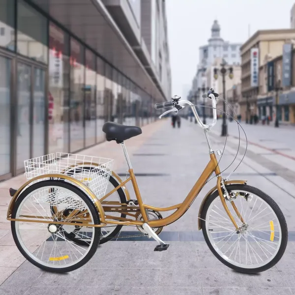 Triciclo para adultos de 3 ruedas de 24 pulgadas , 6 velocidades, Ciclismo triciclo con luz y cesta para deportes al aire libre (Oro) Triciclo para adultos de 3 ruedas de 24 pulgadas , 6 velocidades, Ciclismo triciclo con luz y cesta para deportes al aire libre (Oro)
