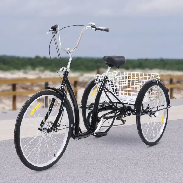 Triciclo de 6 velocidades, 26 pulgadas, triciclo para adultos, altura ajustable con sillín, bicicleta de la compra, senioren con cesta, color negro Triciclo de 6 velocidades, 26 pulgadas, triciclo para adultos, altura ajustable con sillín, bicicleta de la compra, senioren con cesta, color negro