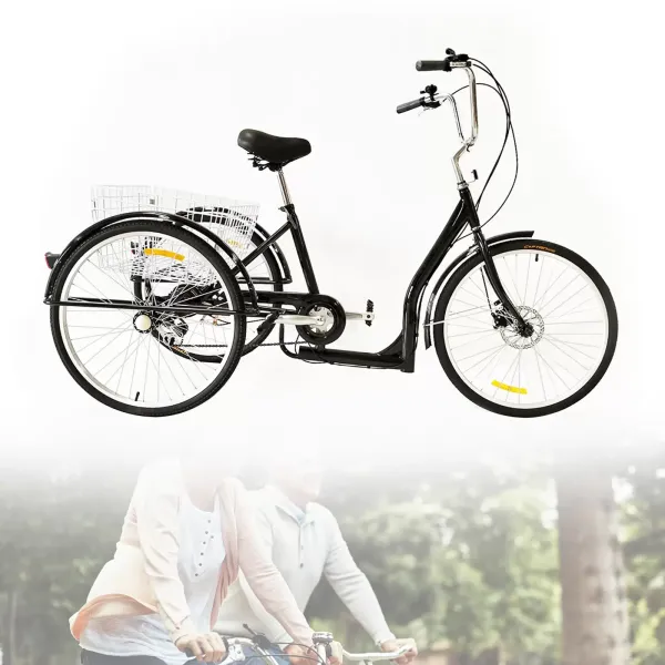 Triciclo de 6 velocidades, 26 pulgadas, triciclo para adultos, altura ajustable con sillín, bicicleta de la compra, senioren con cesta, color negro Triciclo de 6 velocidades, 26 pulgadas, triciclo para adultos, altura ajustable con sillín, bicicleta de la compra, senioren con cesta, color negro