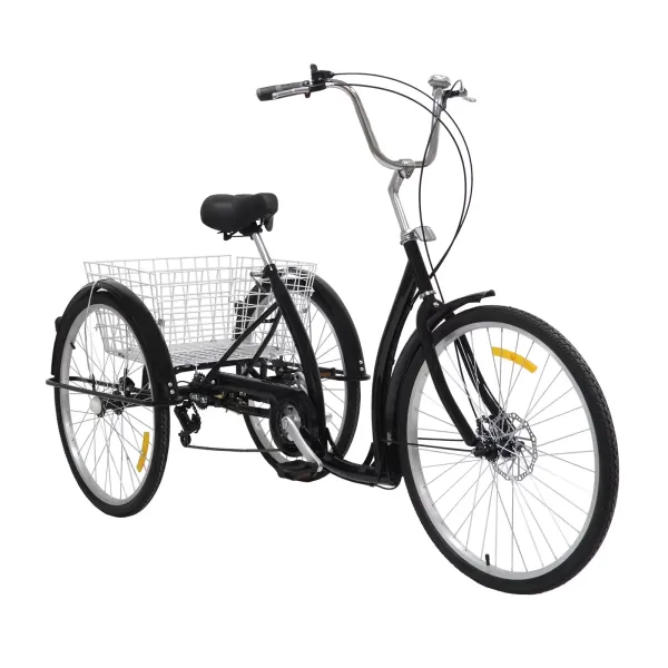Triciclo de 6 velocidades, 26 pulgadas, triciclo para adultos, altura ajustable con sillín, bicicleta de la compra, senioren con cesta, color negro