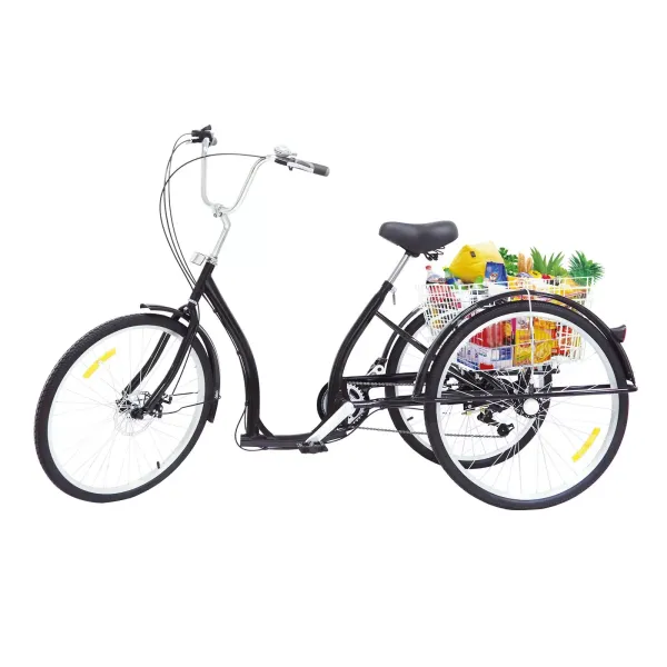 Triciclo de 6 velocidades, 26 pulgadas, triciclo para adultos, altura ajustable con sillín, bicicleta de la compra, senioren con cesta, color negro Triciclo de 6 velocidades, 26 pulgadas, triciclo para adultos, altura ajustable con sillín, bicicleta de la compra, senioren con cesta, color negro
