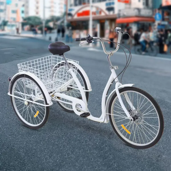 Triciclo de 6 velocidades, 26 pulgadas, triciclo para adultos, con sillín, bicicleta de la compra, senioren con cesta, ajuste de altura, color blanco