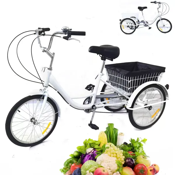 Triciclo para adultos de 20 pulgadas, color blanco con 3 ruedas 8 marchas