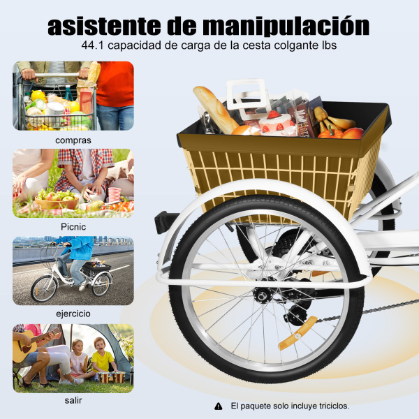 Triciclo para adultos de 20 pulgadas, color blanco con 3 ruedas 8 marchas