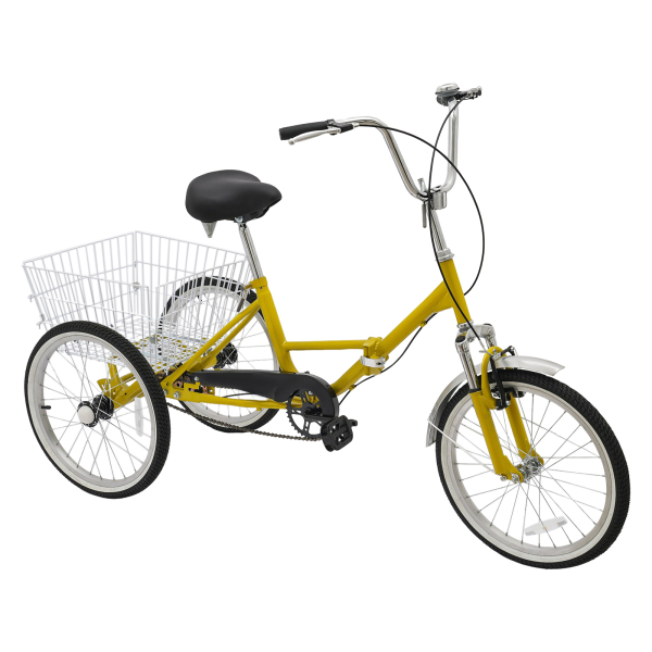 Triciclo de 3 ruedas, 20 pulgadas, 1 velocidad, plegable, para adultos, con cesta, para 25-75 años