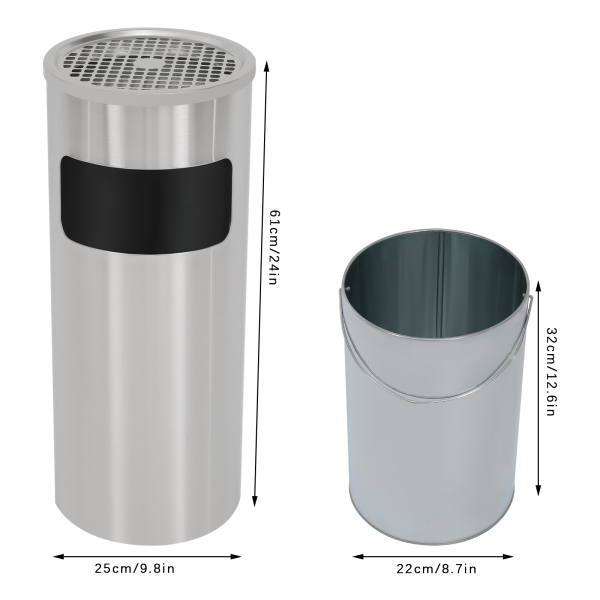 Cenicero de pie de 30 L con cubo de basura, de acero inoxidable
