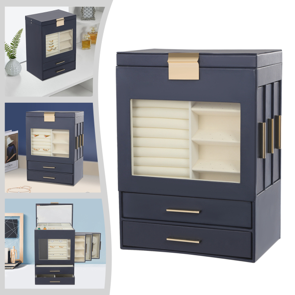 Caja de almacenamiento tipo cajón, caja de almacenamiento de joyas de gran capacidad - azul marino Caja de almacenamiento tipo cajón, caja de almacenamiento de joyas de gran capacidad - azul marino