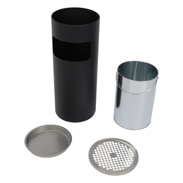 Cenicero de pie de 30 L con cubo de basura, de acero inoxidable, negro